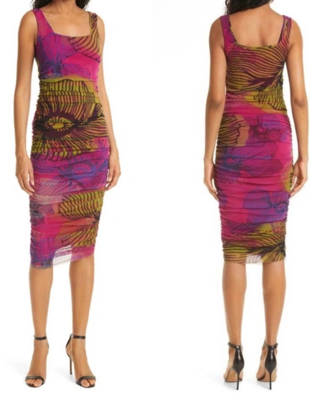 Fuzzi sleeveless Ruched Mesh Midi sexy party Dress 90s y2k Jean Paul gautier